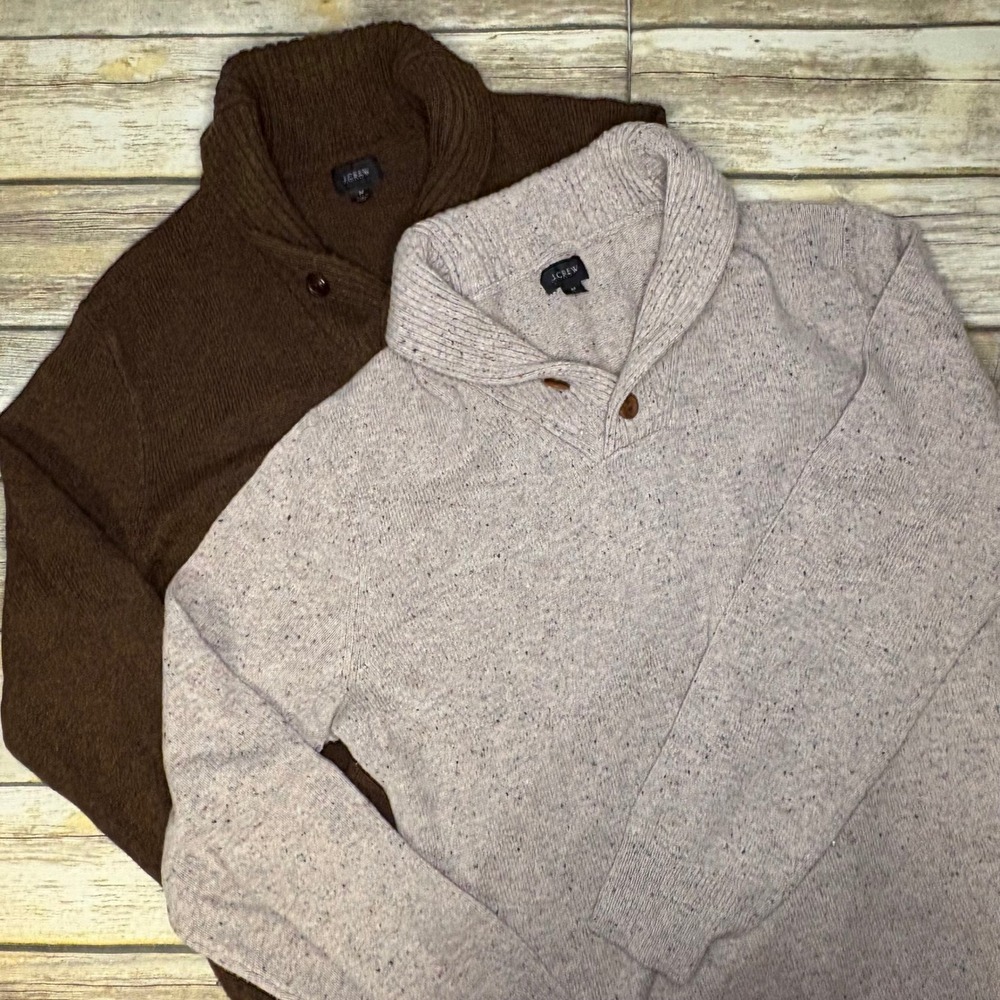LOT OF 2 J. Crew Brown Tan Minimalist Preppy Wool Dad Knit Sweater Mens Sz M